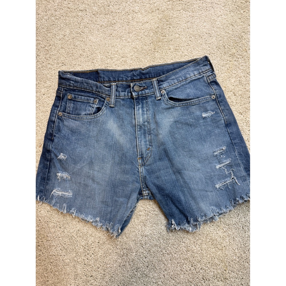 Levis 505 Womens Distressed Medium Wash Denim Cut Off Shorts Size 32 Raw Hem